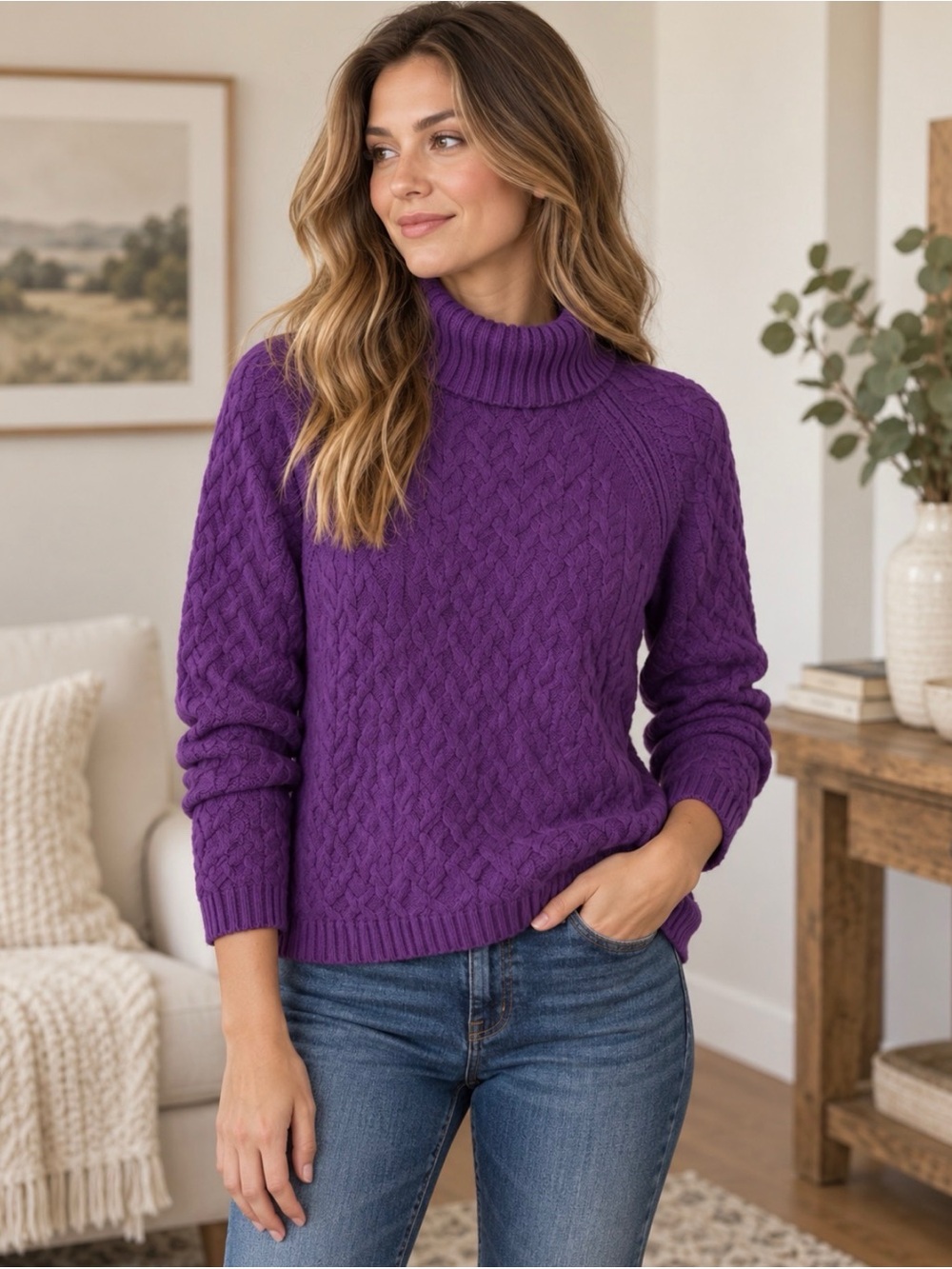 Coldwater Creek Purple Cable Knit Turtleneck Sweater XS 4/6 Cotton Blend